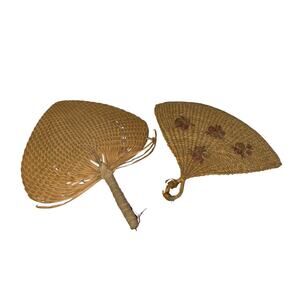 Vintage Woven Straw Hand Fan Lot of 2 Raffia Palm Fiber Folk Art Wall Decor READ